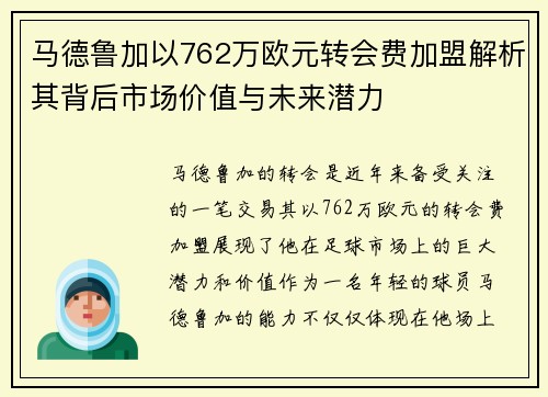 马德鲁加以762万欧元转会费加盟解析其背后市场价值与未来潜力