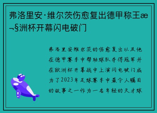 弗洛里安·维尔茨伤愈复出德甲称王欧洲杯开幕闪电破门