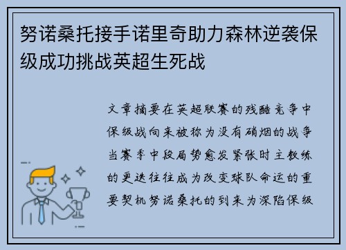 努诺桑托接手诺里奇助力森林逆袭保级成功挑战英超生死战 努诺桑托接手诺里奇助力森林逆袭保级成功挑战英超生死战