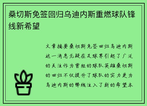 桑切斯免签回归乌迪内斯重燃球队锋线新希望 桑切斯免签回归乌迪内斯重燃球队锋线新希望